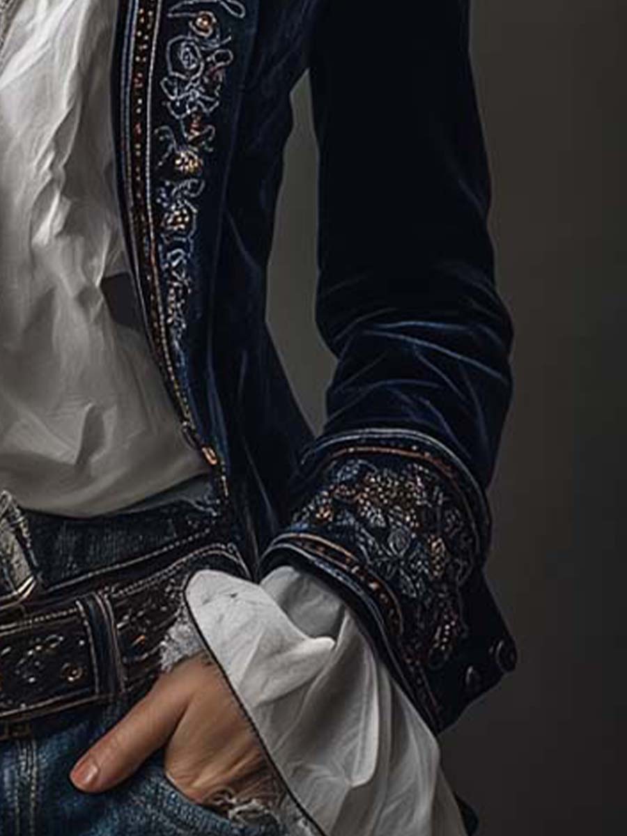 Women's Vintage Long Blue Nautical Jacket with Embroidery