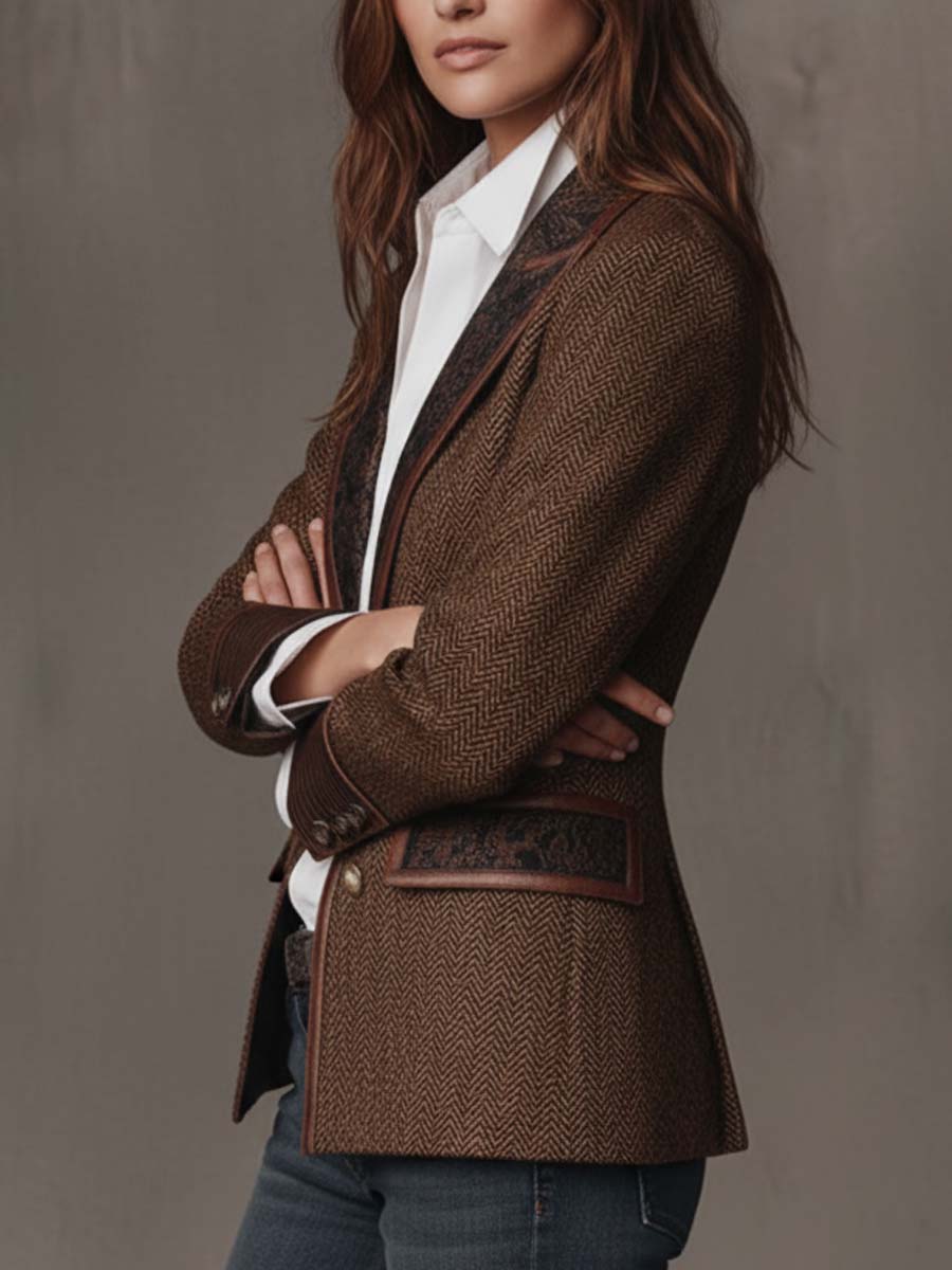 Women's Blazer with Houndstooth Pattern and Printed Panels