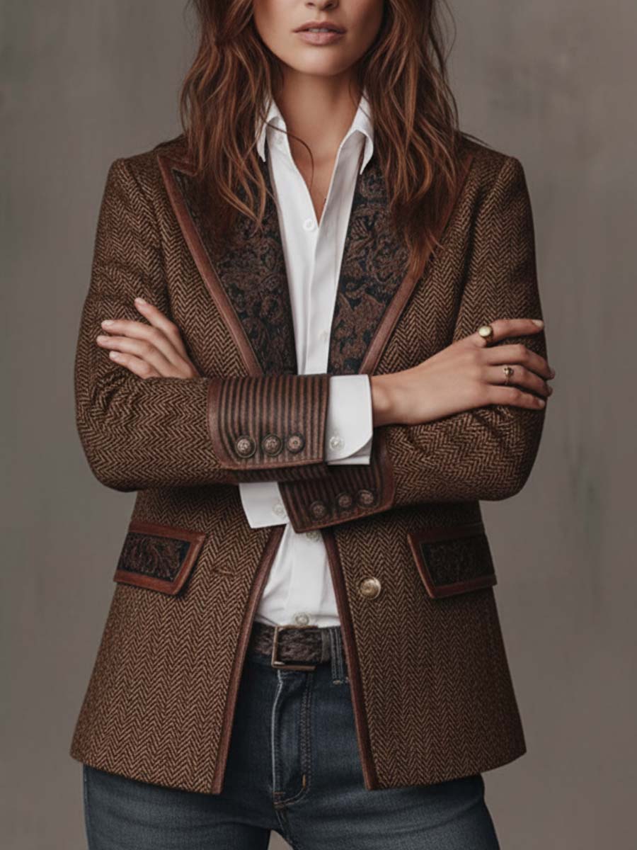 Women's Blazer with Houndstooth Pattern and Printed Panels