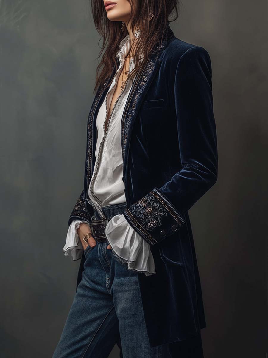 Women's Vintage Long Blue Nautical Jacket with Embroidery