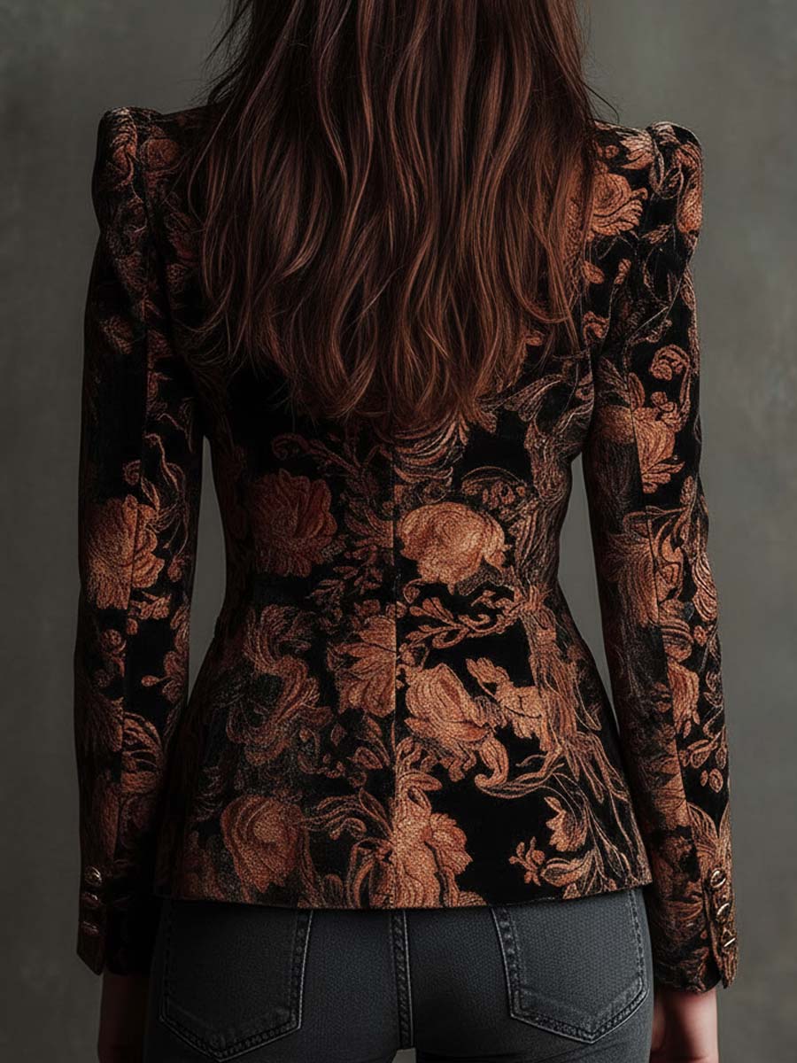 Women's Blazer with Black and Bronze Floral Print