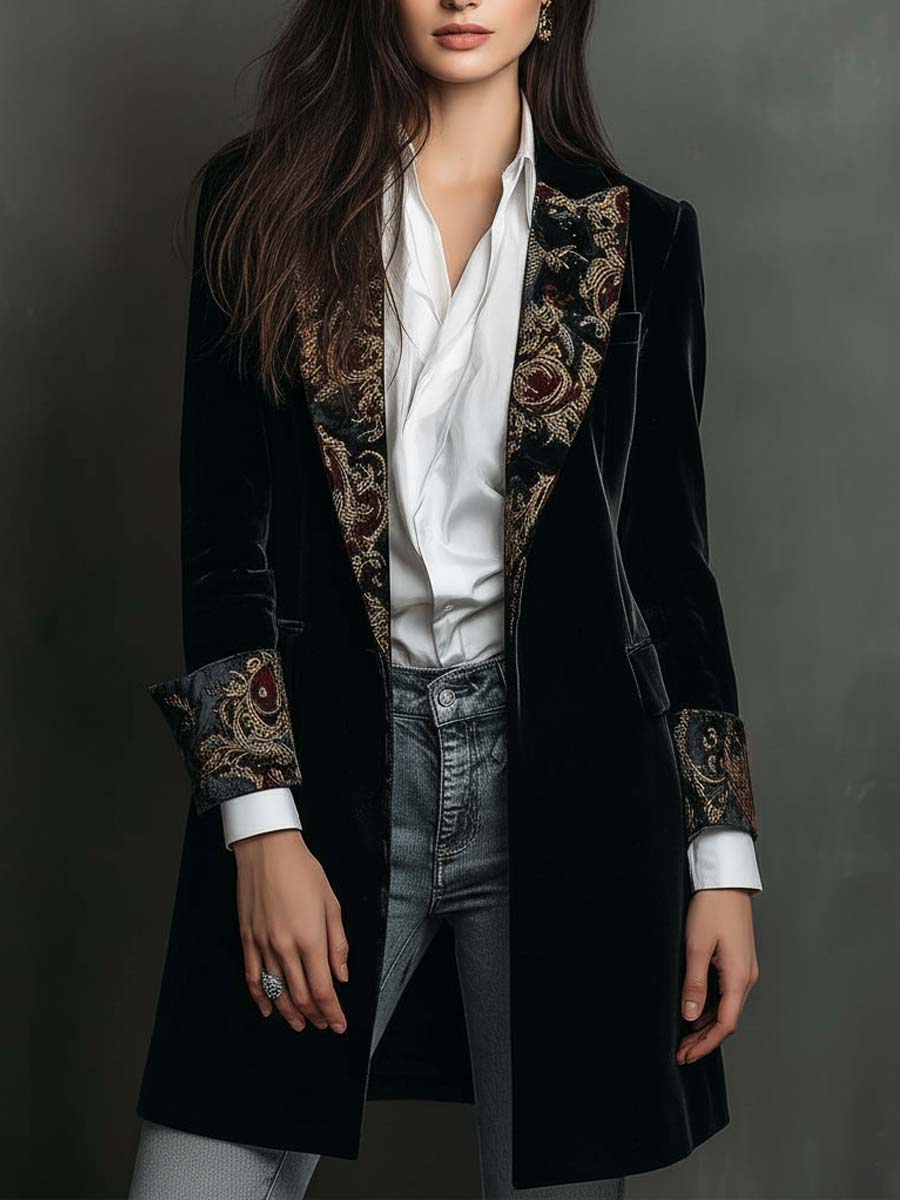 Women's Slim Fit Black Blazer with Revers and Baroque Print