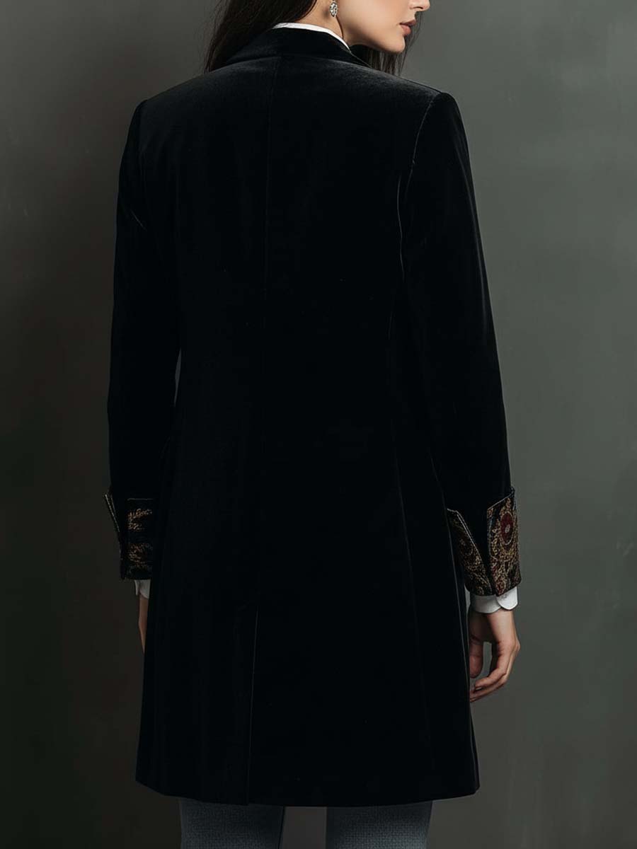 Women's Slim Fit Black Blazer with Revers and Baroque Print