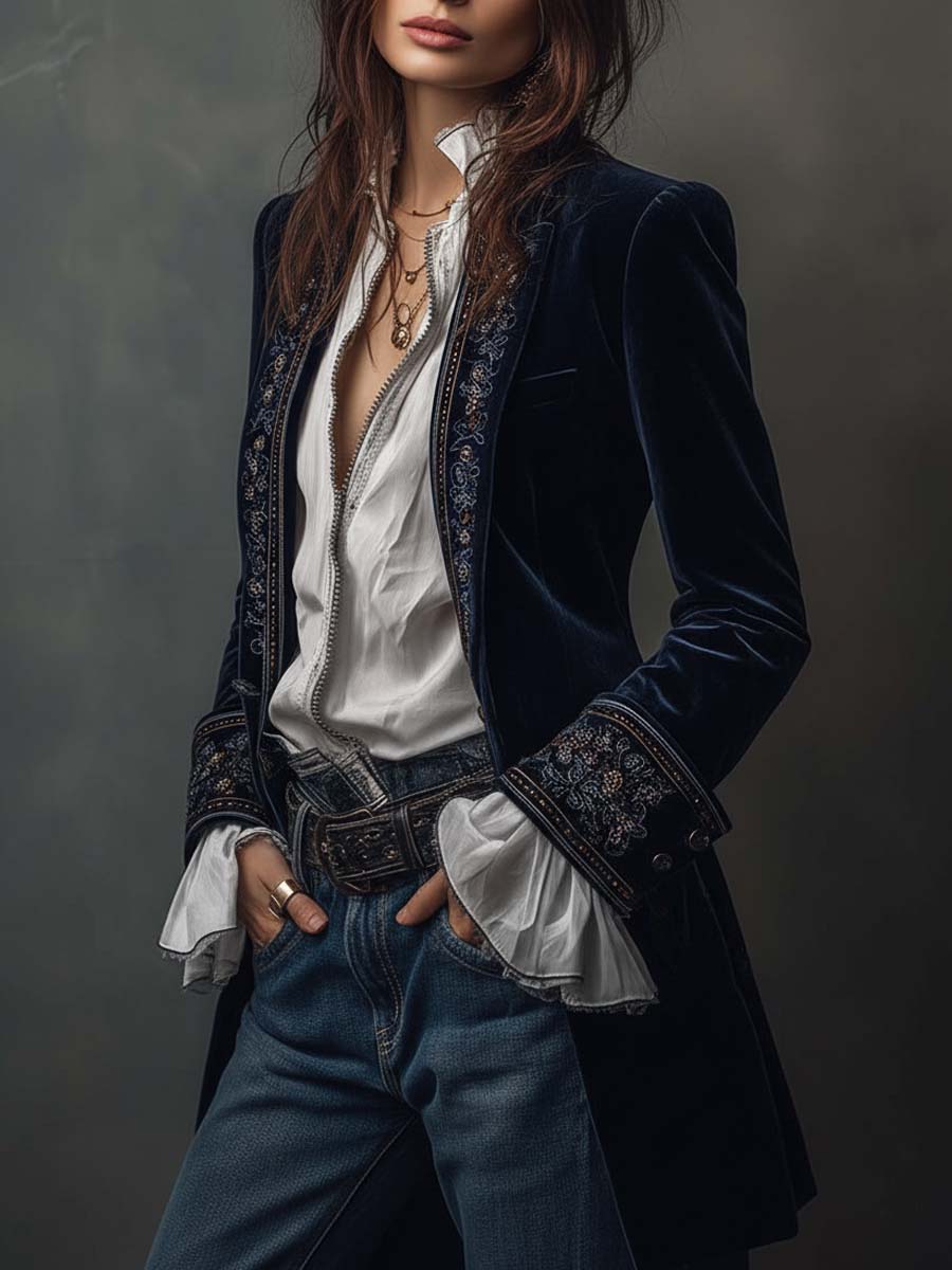 Women's Vintage Long Blue Nautical Jacket with Embroidery