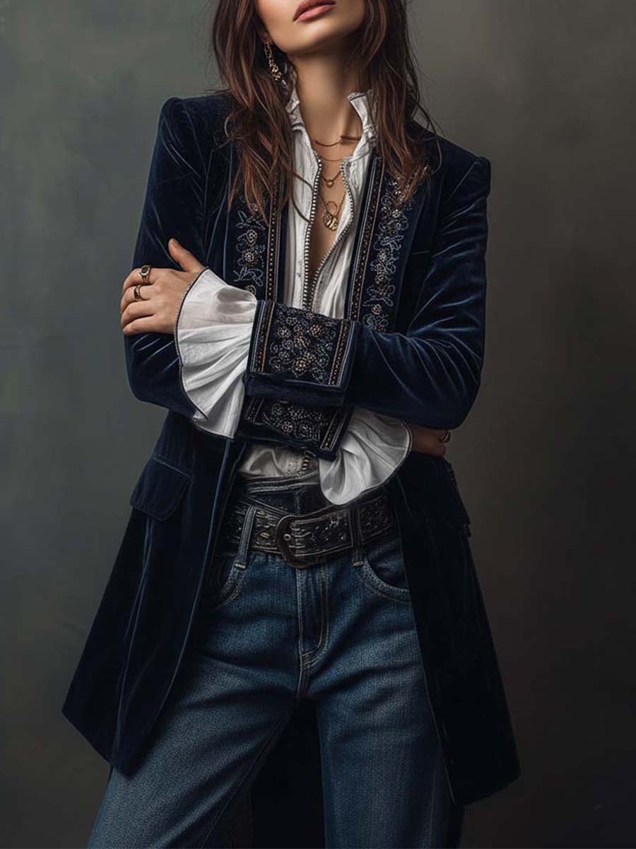 Women's Vintage Long Blue Nautical Jacket with Embroidery