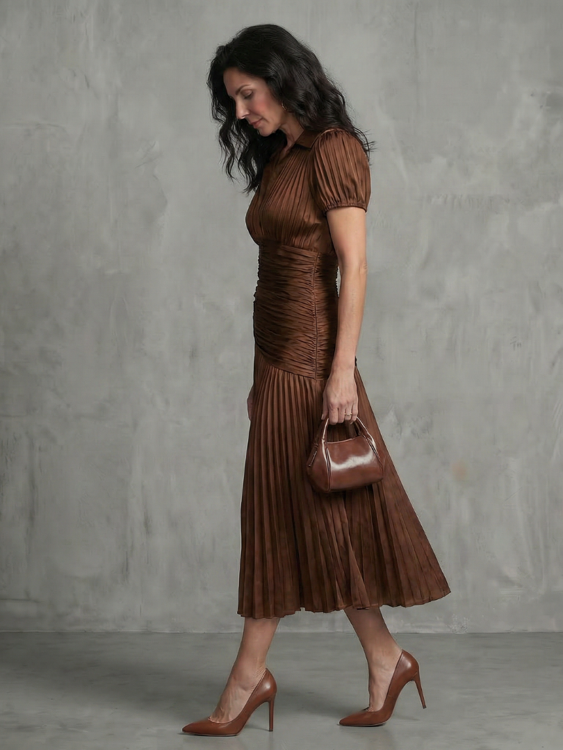 Theodora | Pleated Midi Dress with Waist