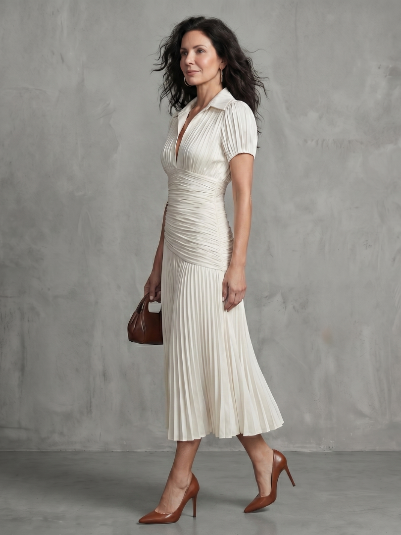 Theodora | Pleated Midi Dress with Waist