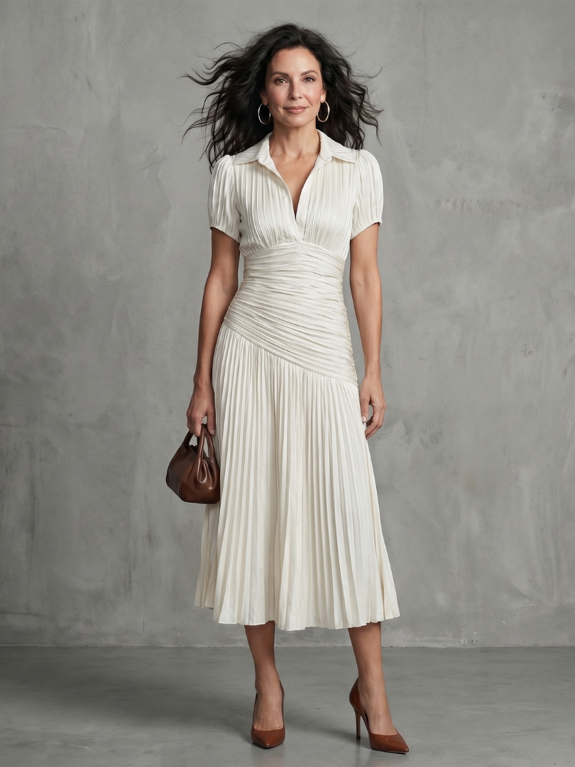 Theodora | Pleated Midi Dress with Waist