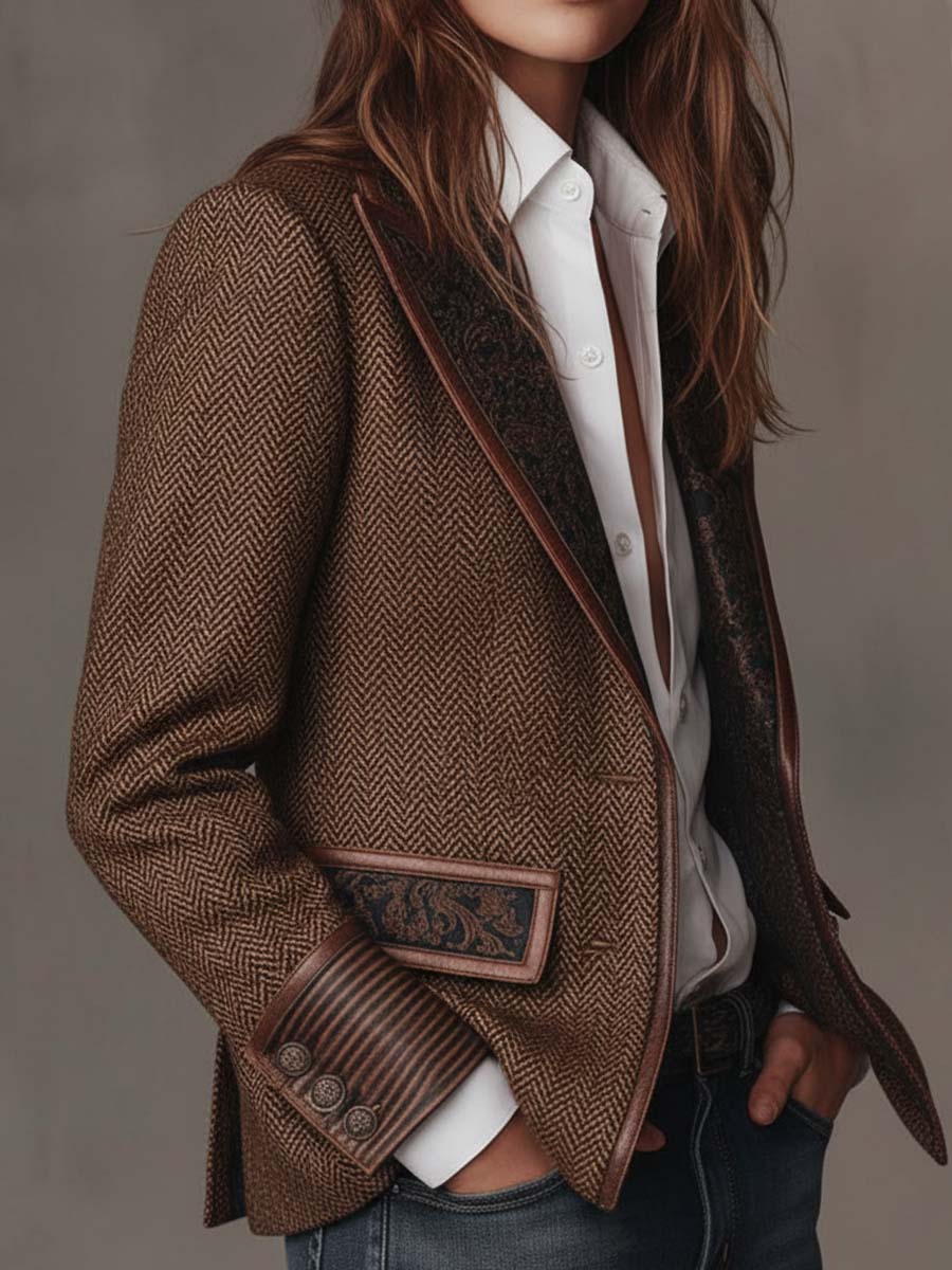 Women's Blazer with Houndstooth Pattern and Printed Panels