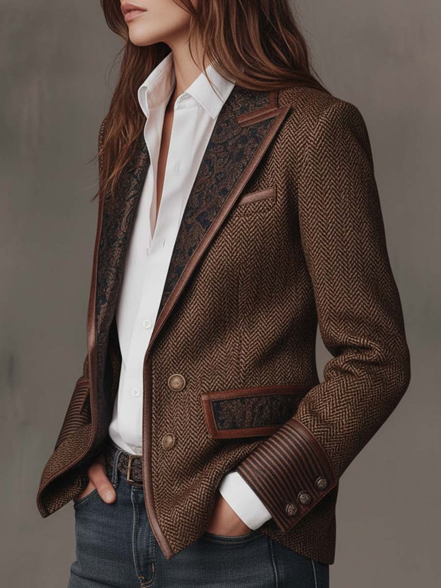 Women's Blazer with Houndstooth Pattern and Printed Panels