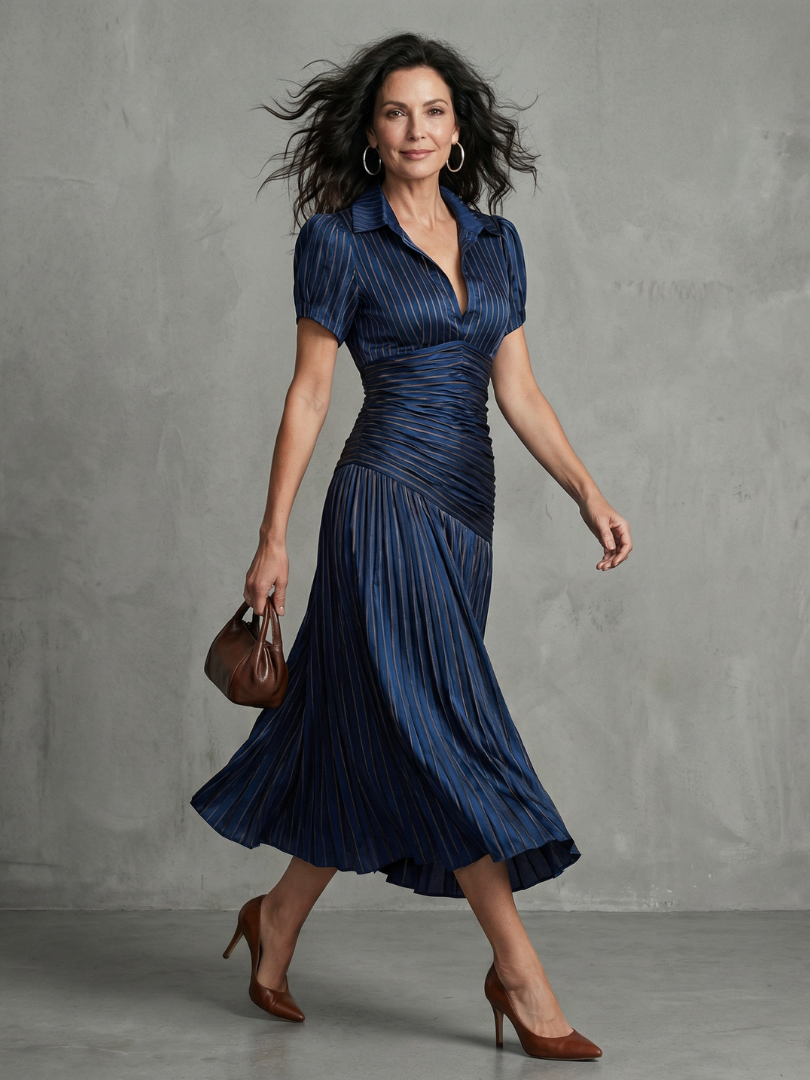 Theodora | Pleated Midi Dress with Waist