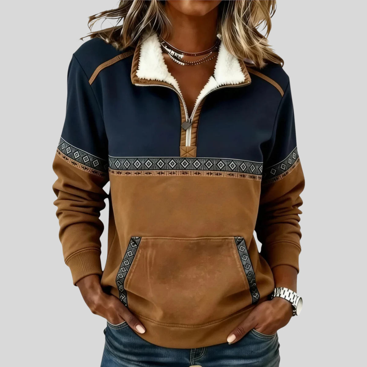Alvette | Pullover with Sherpa Collar and Polo Zip