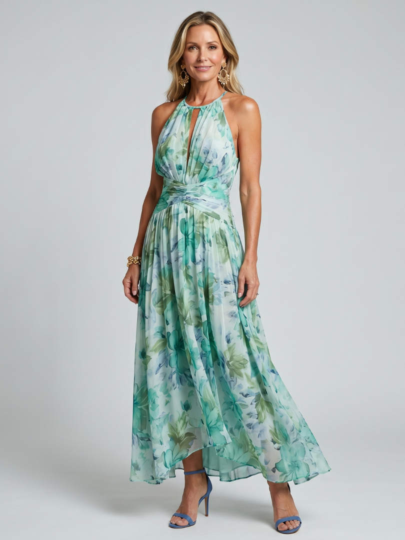 Portia | Pleated Neck with Smooth Floral Pattern Midi Dress