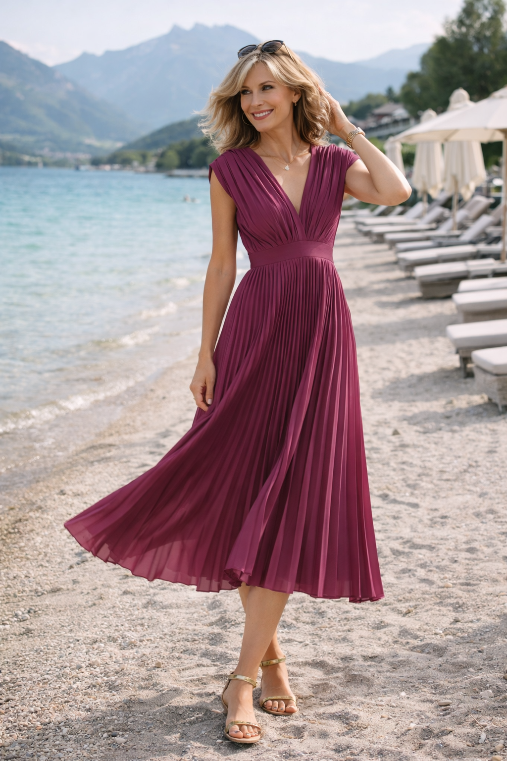 Anja – Pleated Midi Dress with V-Neck