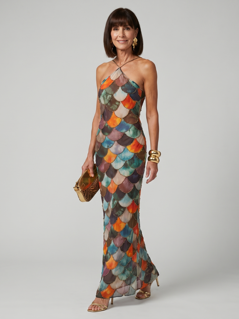 Larkin | Fitted, Multicolored Patterned Maxi Dress