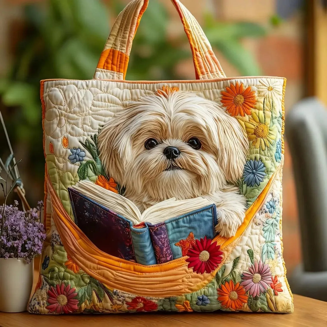 Shih Tzu Bag with Flowers and Books