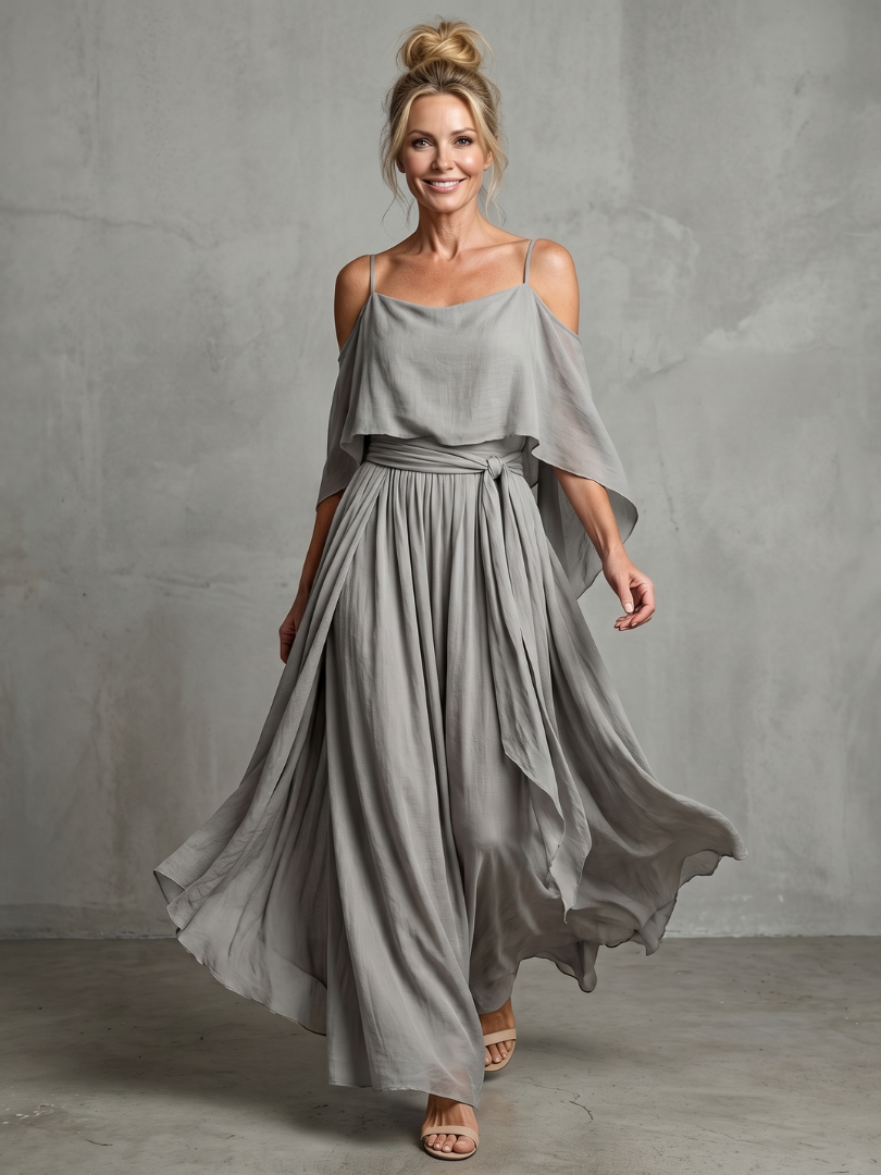 Marisol | Chain Drape Cool Shoulder Top Wide Pants Set