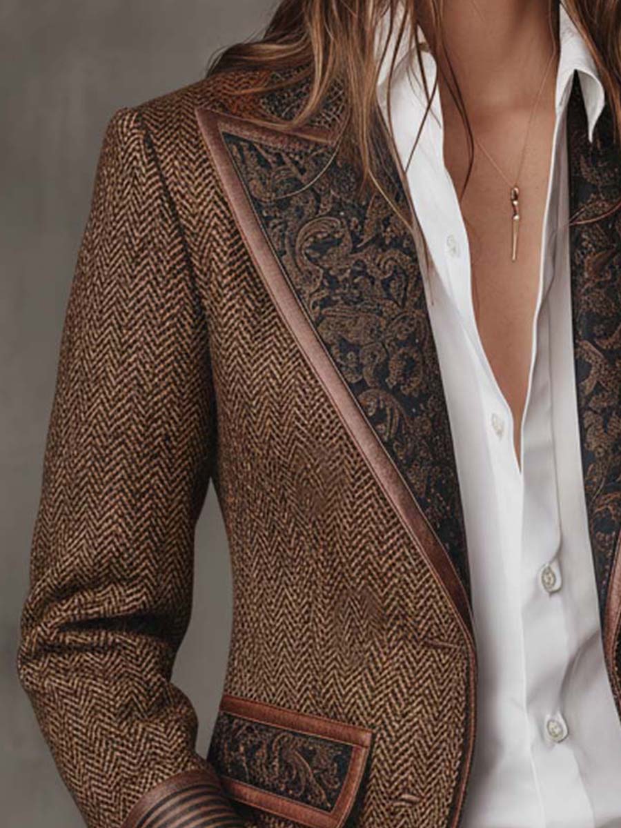 Women's Blazer with Houndstooth Pattern and Printed Panels