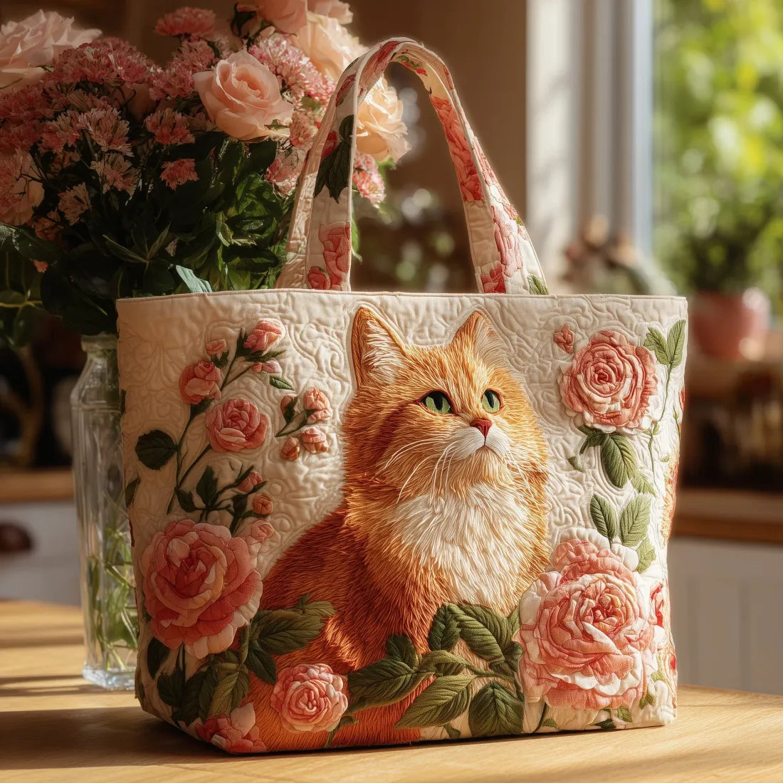Handbag with a Red Cat and Roses