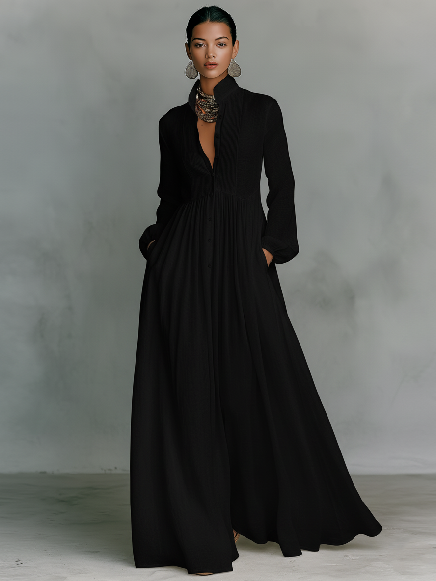 Patchwork Linen Maxi Dress - Stand-Up Collar
