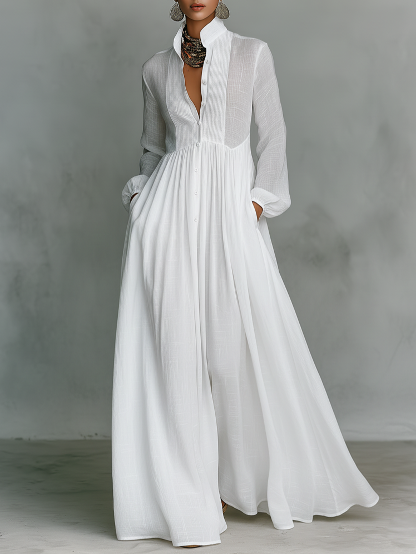 Patchwork Linen Maxi Dress - Stand-Up Collar