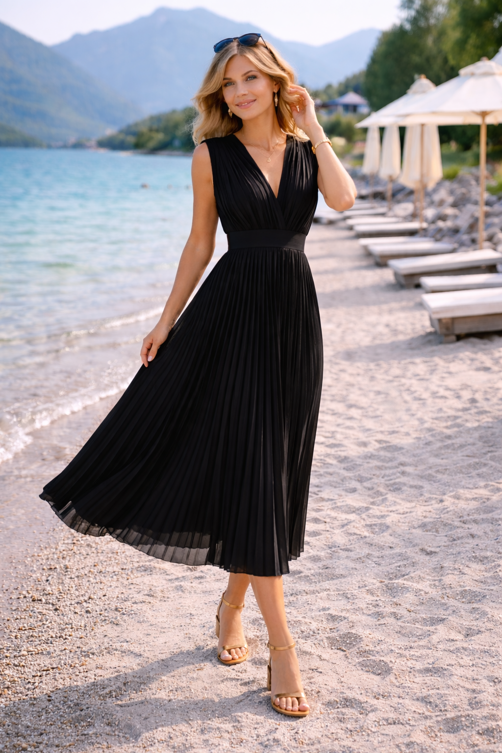 Anja – Pleated Midi Dress with V-Neck