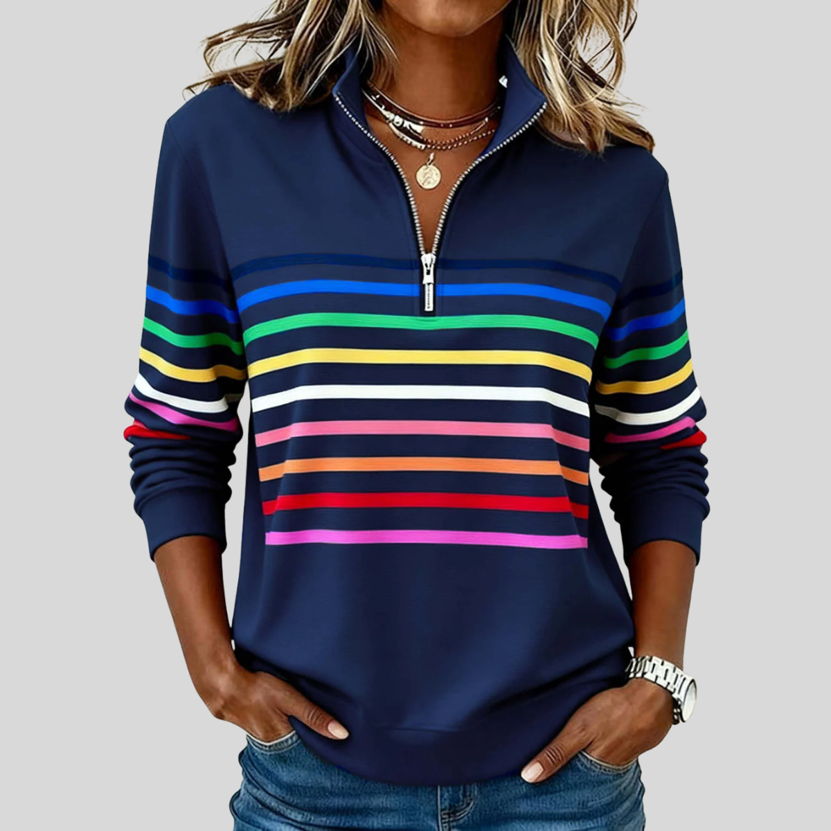 Prismette | Colorful Striped Half-Zip Hoodie