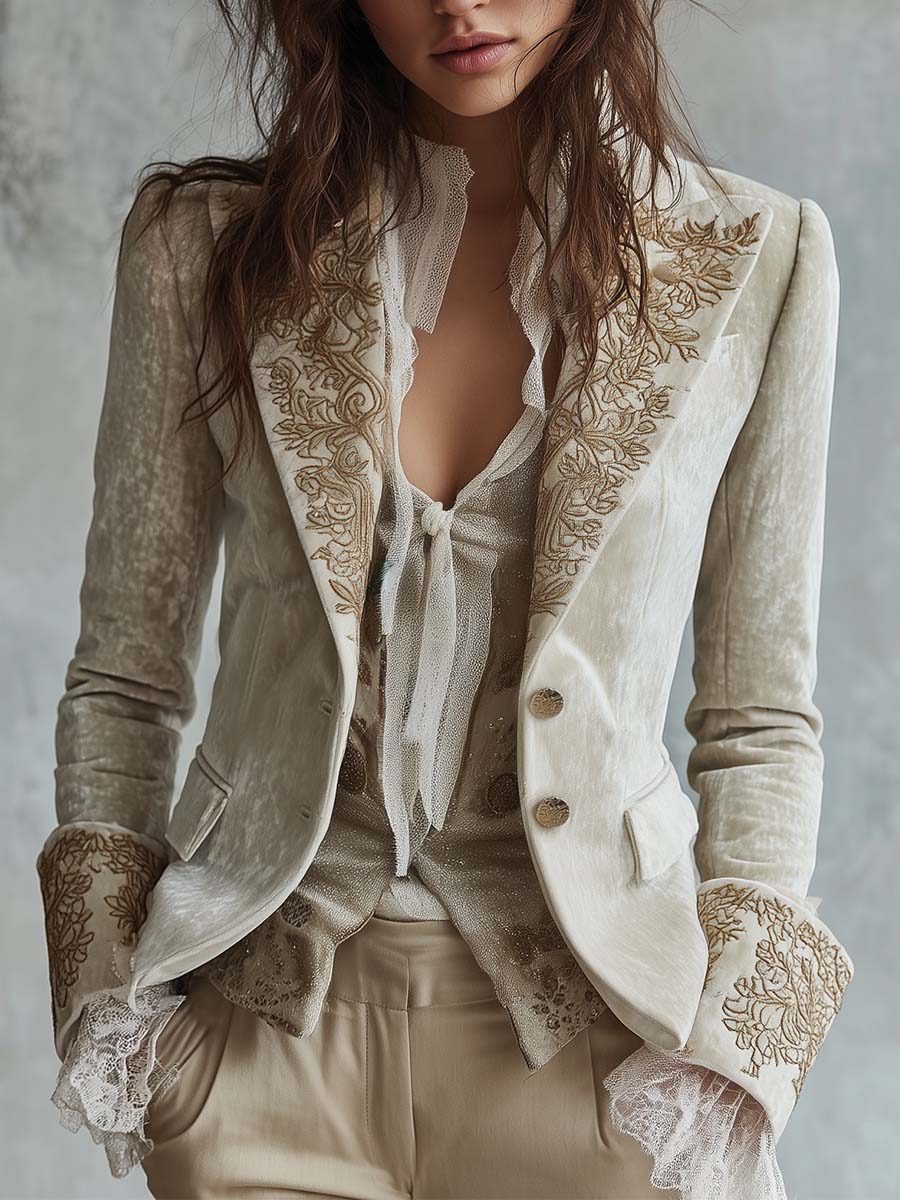 Women's Embroidered Blazer in Ivory