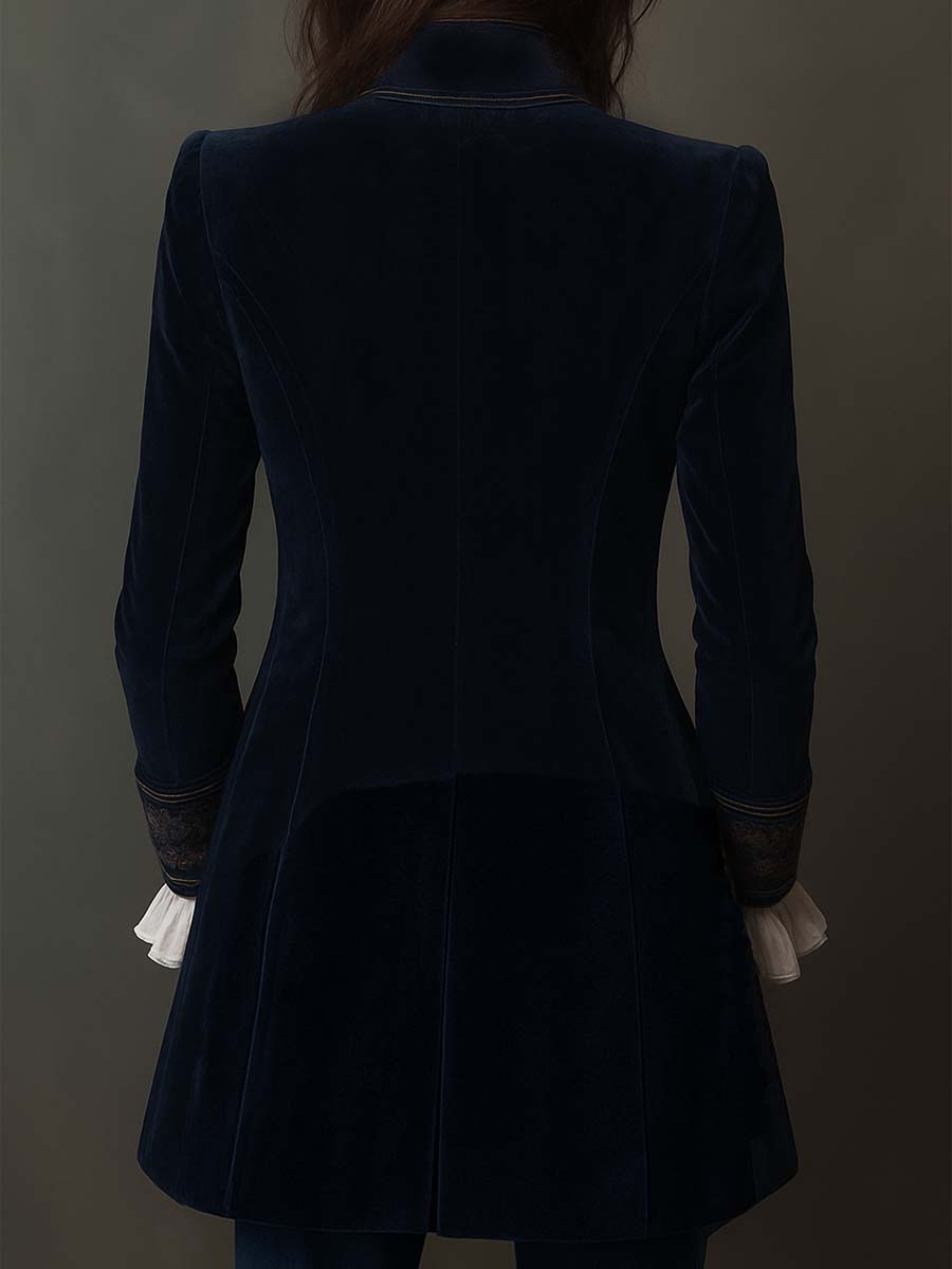 Women's Vintage Long Blue Nautical Jacket with Embroidery