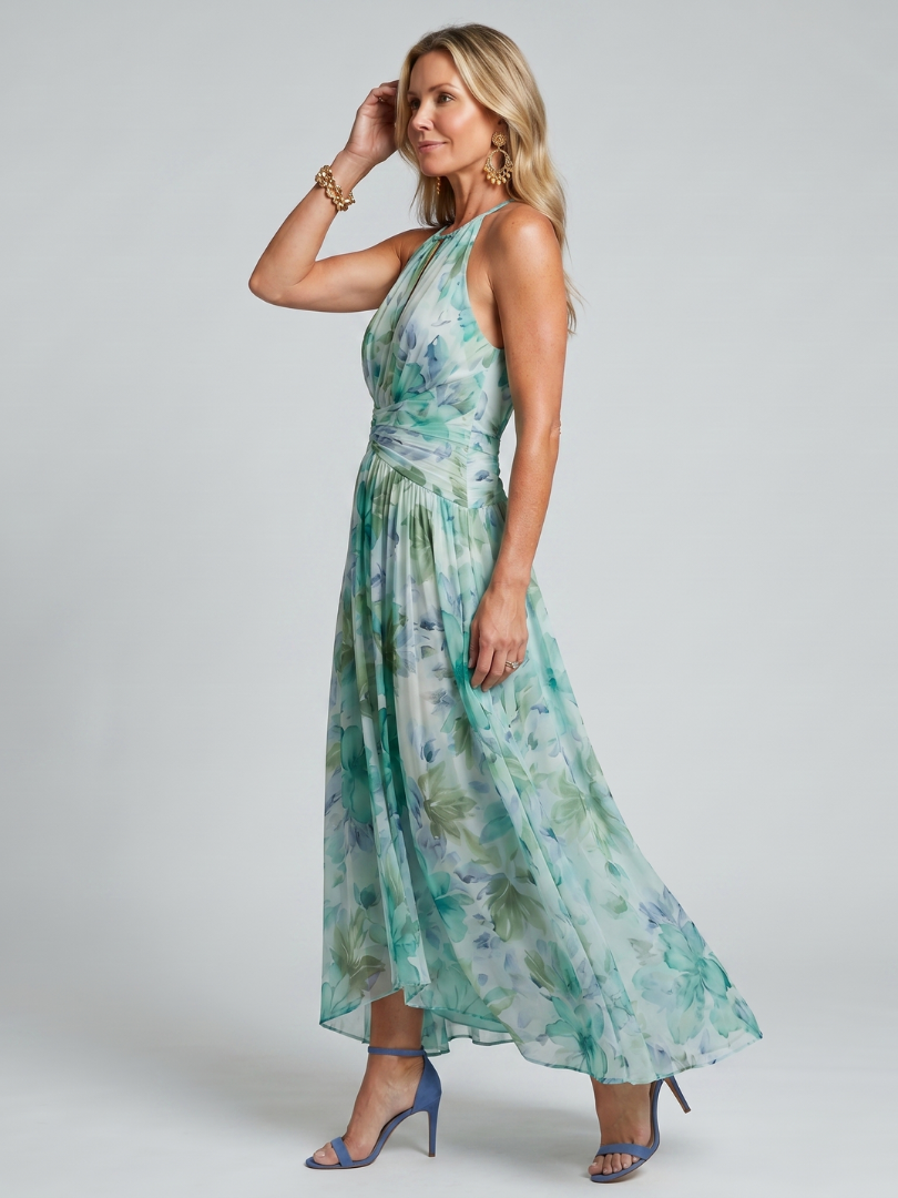 Portia | Pleated Neck with Smooth Floral Pattern Midi Dress