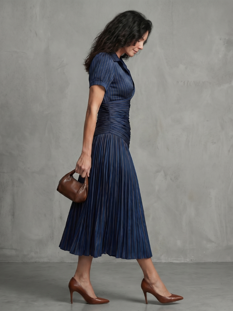 Theodora | Pleated Midi Dress with Waist