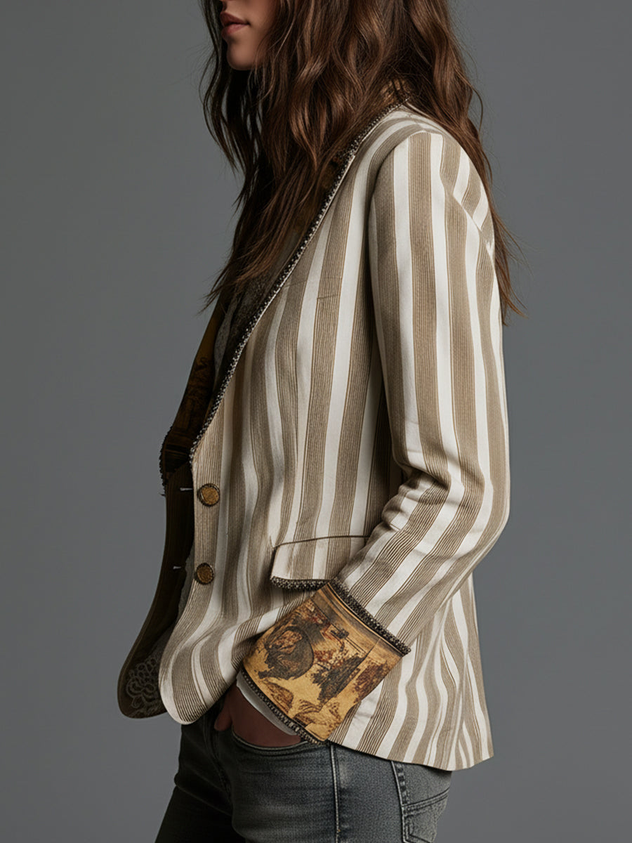Women's Blazer with Lapels and Bohemian Striped Pattern