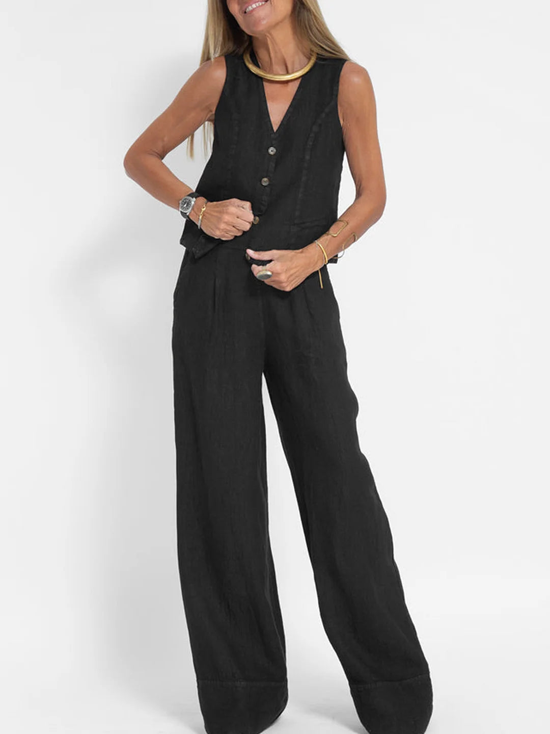 Aira | Set with Button Vest and Wide Pants