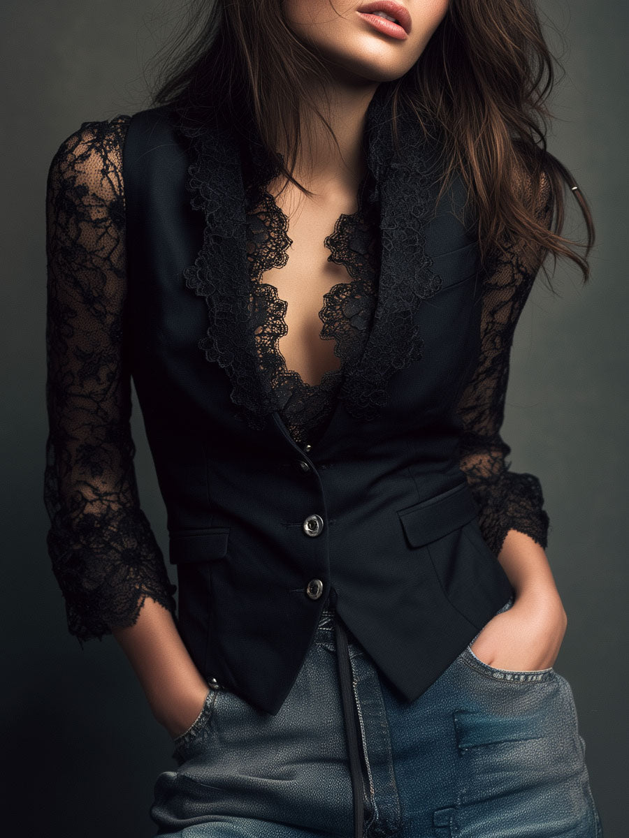Noémie | High Black Blazer with Semi-Transparent Sleeves