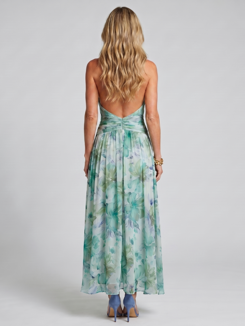 Portia | Pleated Neck with Smooth Floral Pattern Midi Dress