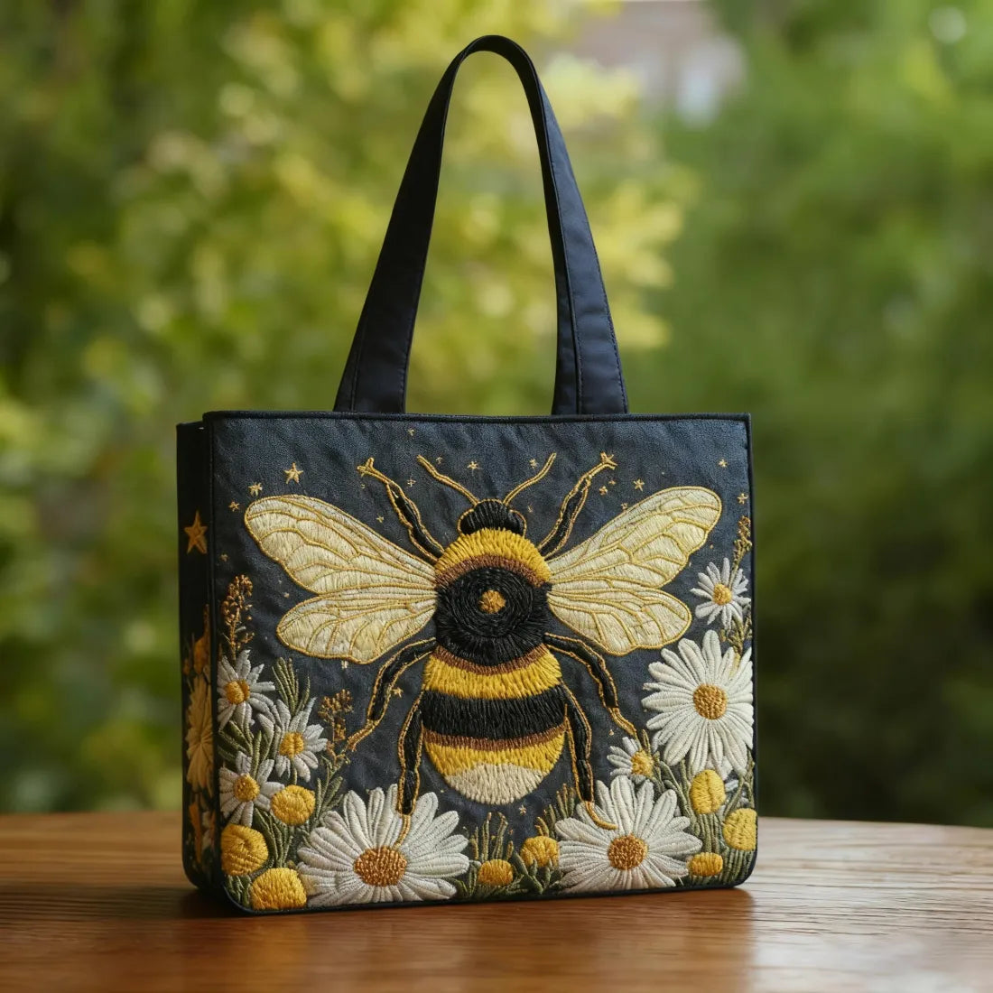 Handmade bag with bees, daisies, and stars