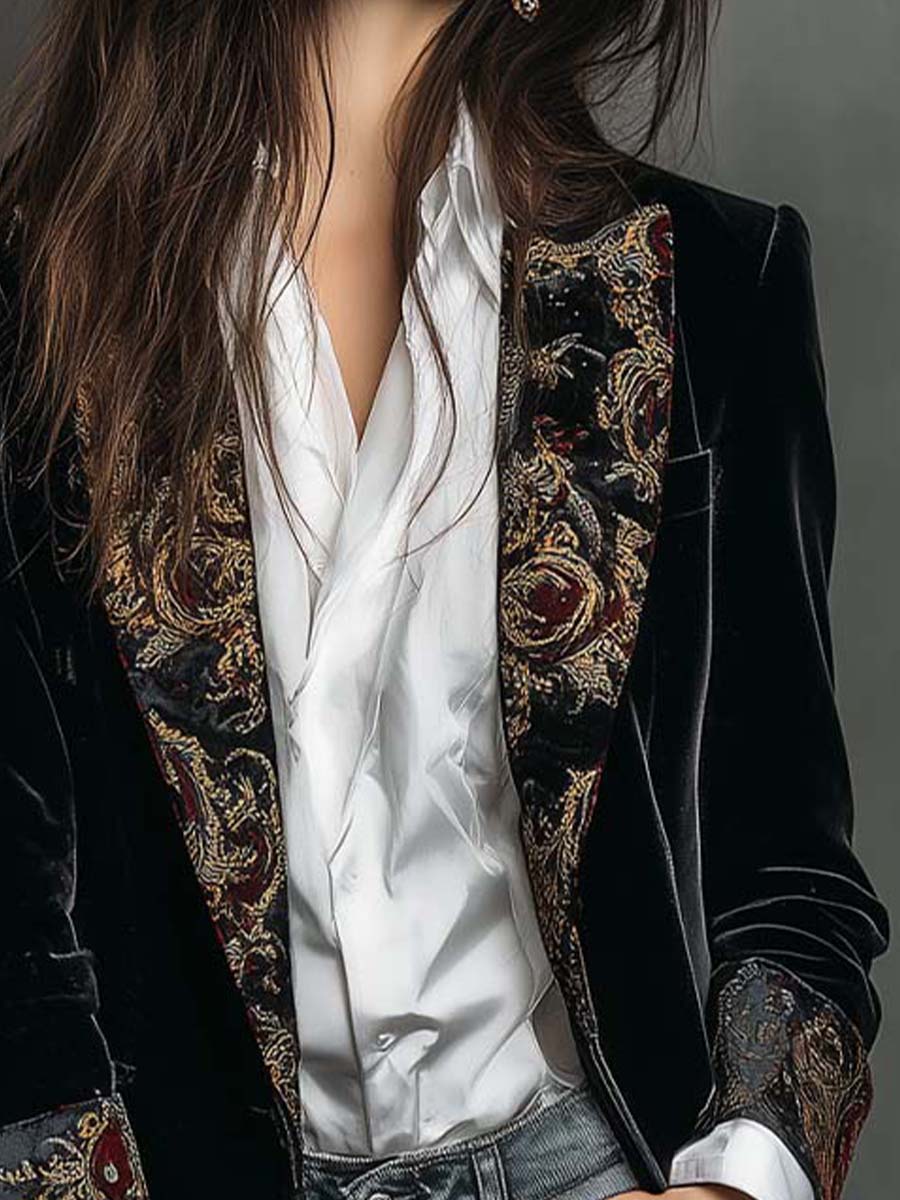 Women's Slim Fit Black Blazer with Revers and Baroque Print