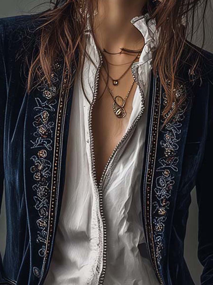 Women's Vintage Long Blue Nautical Jacket with Embroidery