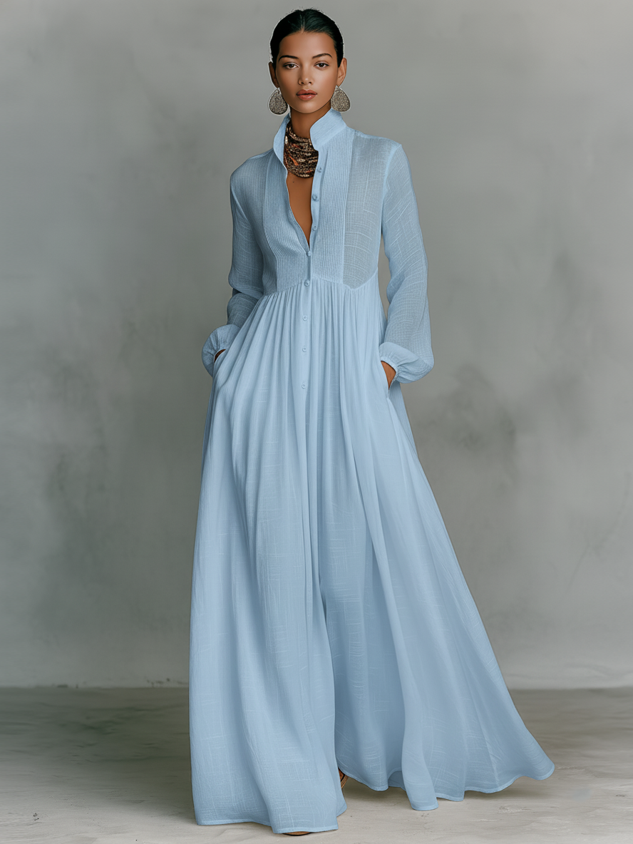 Patchwork Linen Maxi Dress - Stand-Up Collar