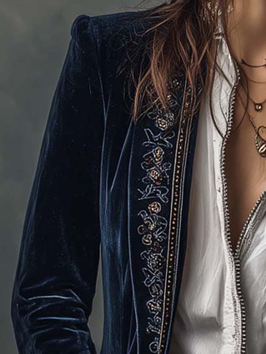Women's Vintage Long Blue Nautical Jacket with Embroidery
