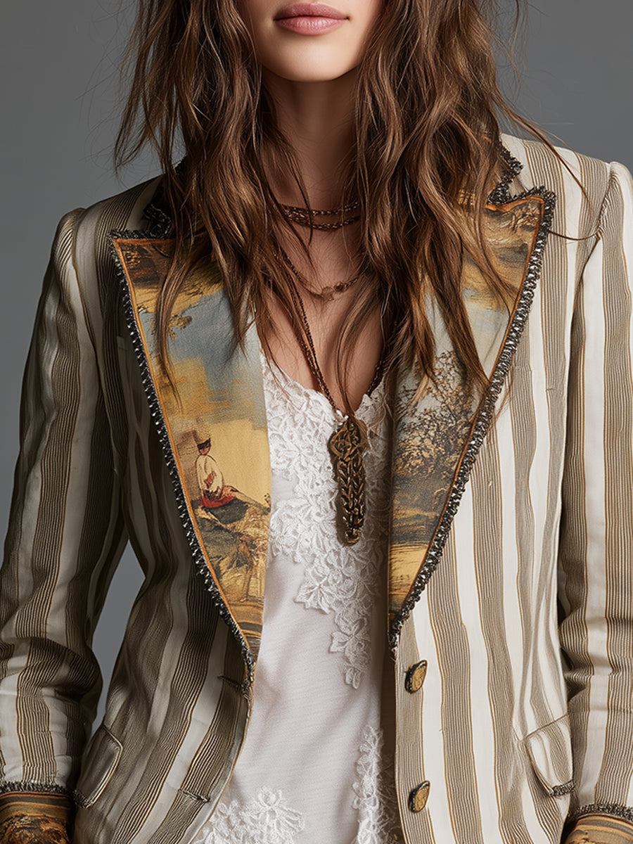 Women's Blazer with Lapels and Bohemian Striped Pattern