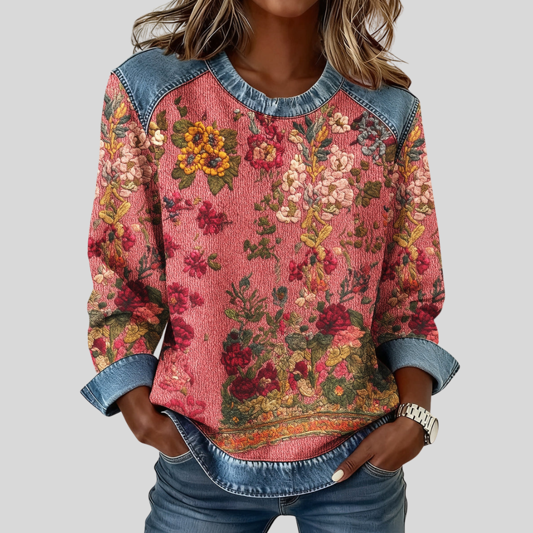 Orabelle | Floral Sweatshirt with Denim Trim