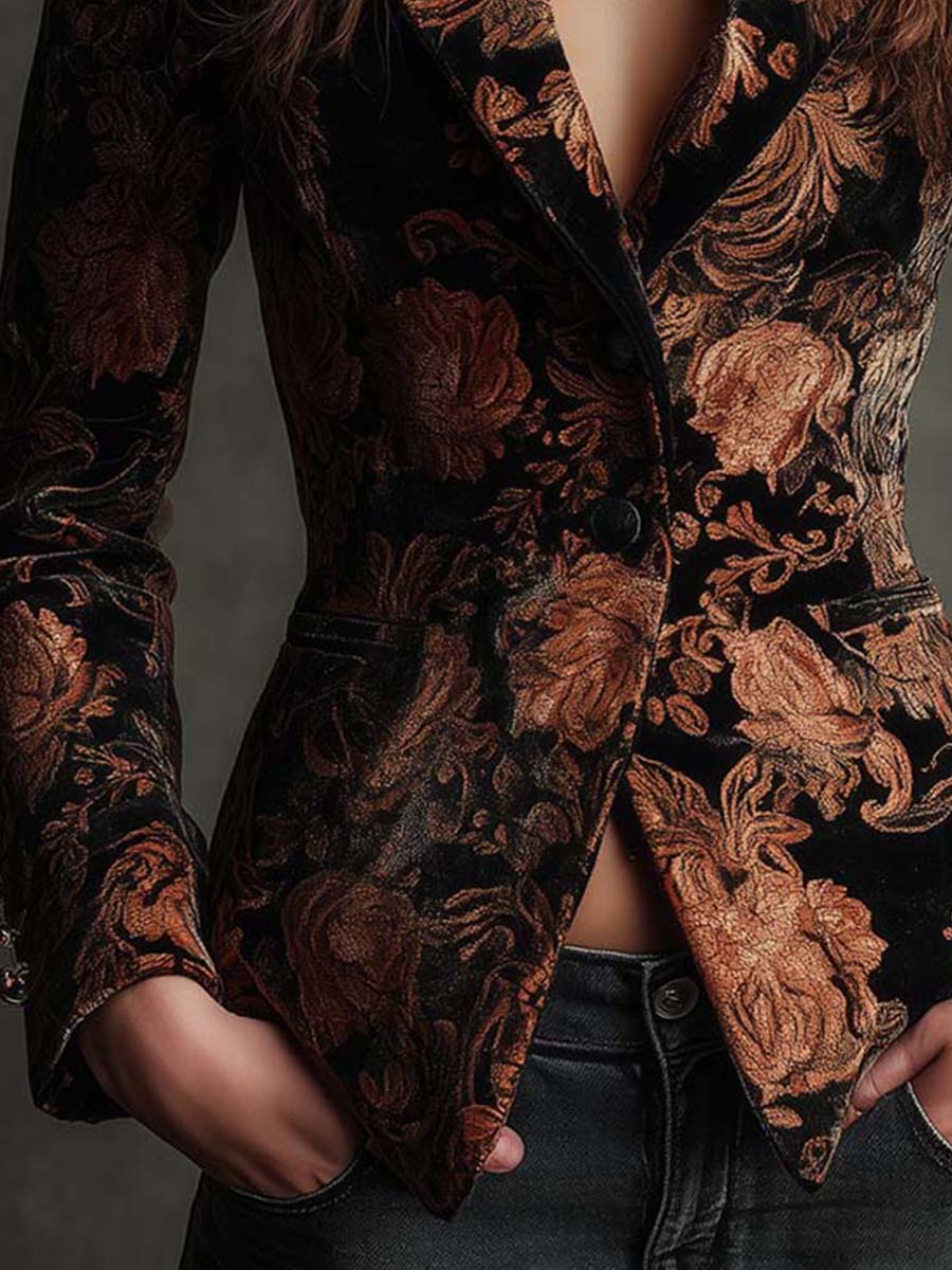 Women's Blazer with Black and Bronze Floral Print
