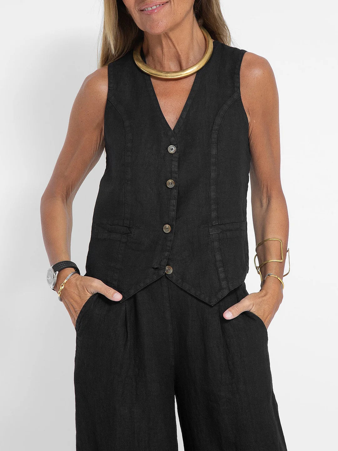 Aira | Set with Button Vest and Wide Pants