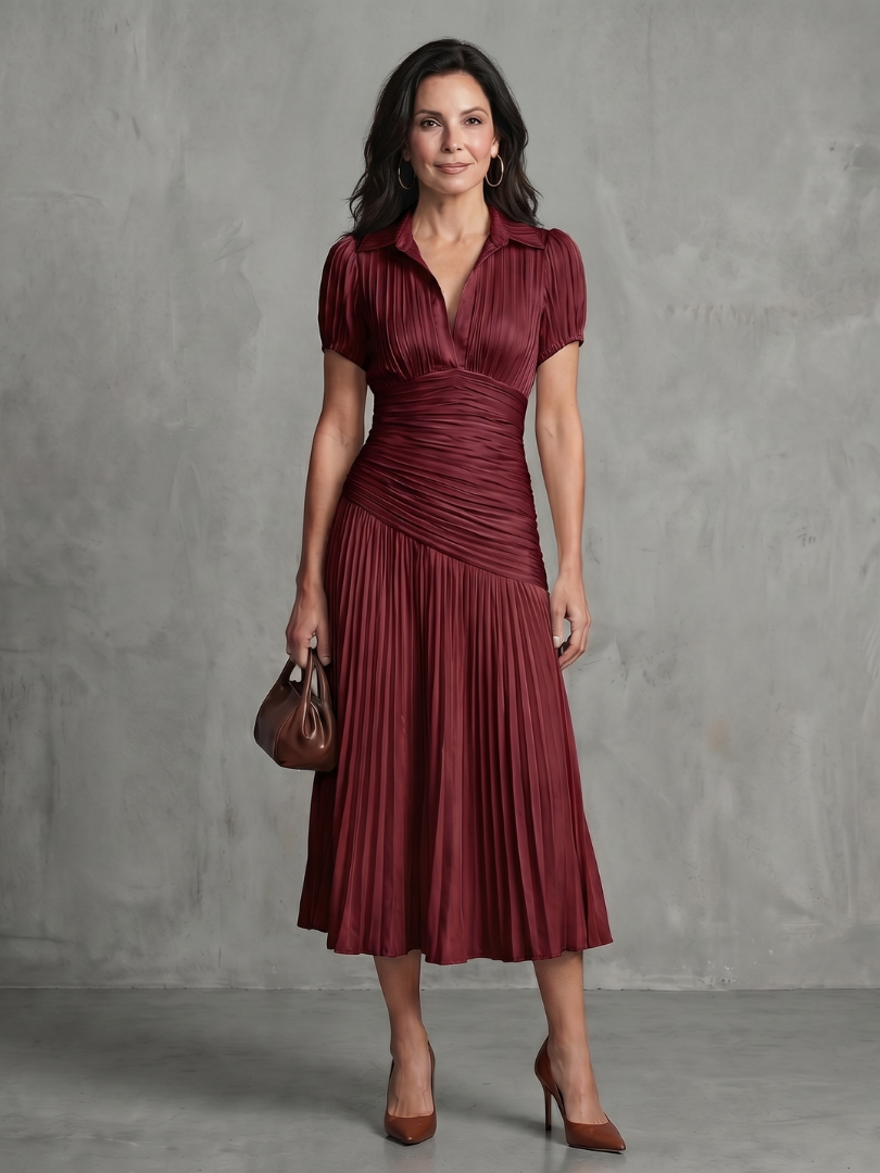 Theodora | Pleated Midi Dress with Waist