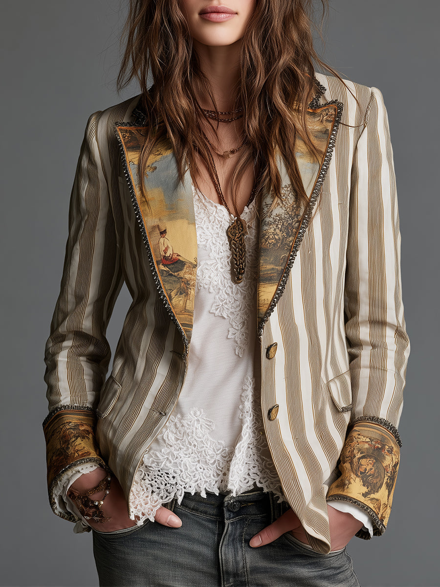 Women's Blazer with Lapels and Bohemian Striped Pattern