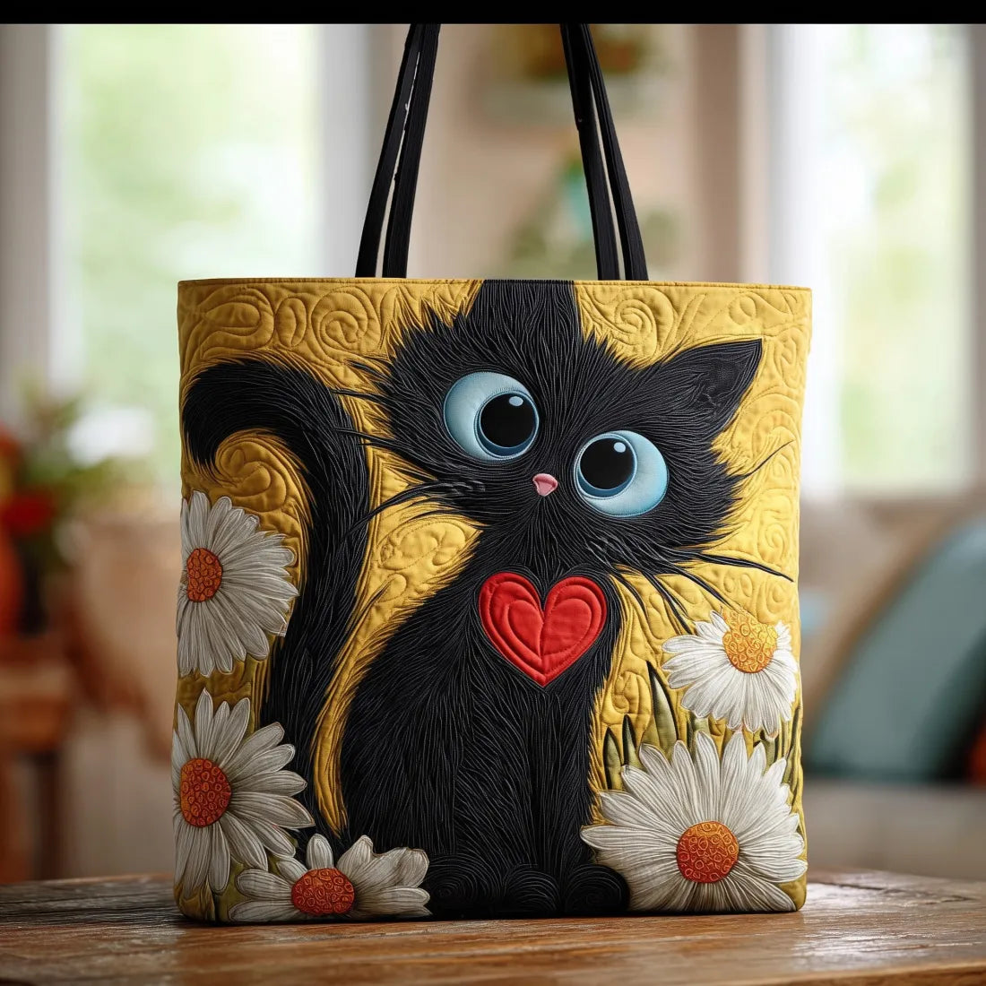 Bag with a black cat, heart, and daisy