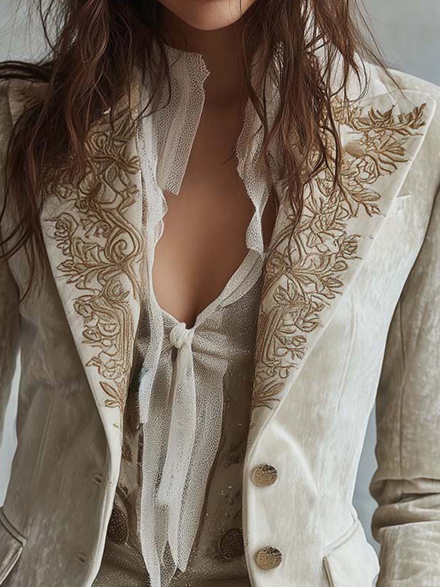Women's Embroidered Blazer in Ivory