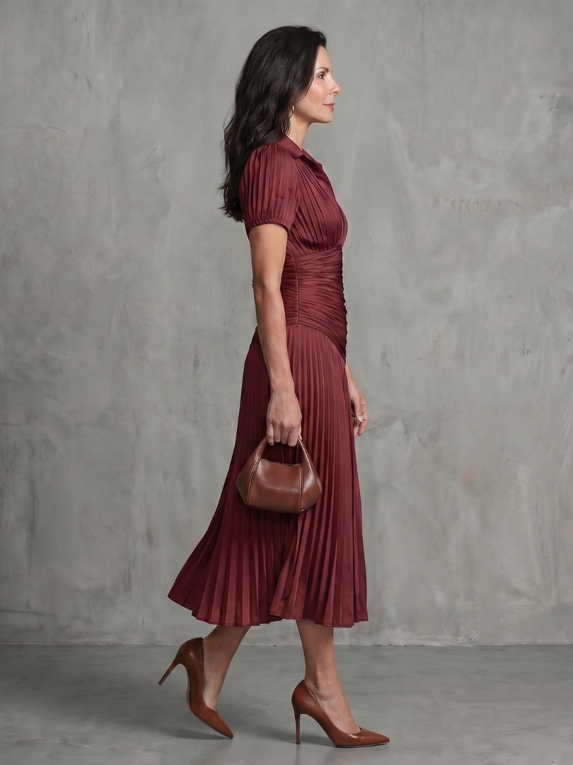 Theodora | Pleated Midi Dress with Waist