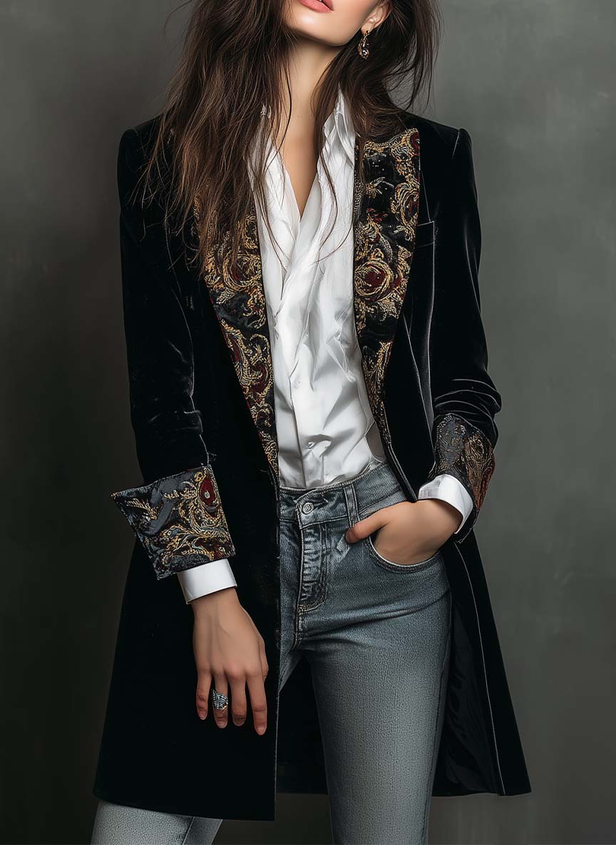Women's Slim Fit Black Blazer with Revers and Baroque Print